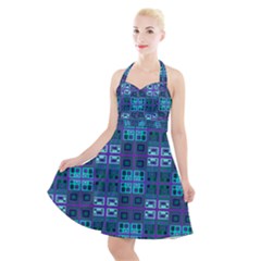 Mod Purple Green Turquoise Square Pattern Halter Party Swing Dress 