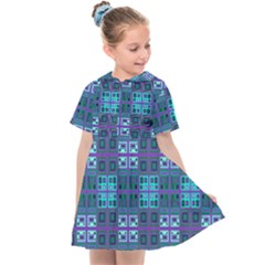 Mod Purple Green Turquoise Square Pattern Kids  Sailor Dress by BrightVibesDesign