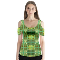 Mod Yellow Green Squares Pattern Butterfly Sleeve Cutout Tee 