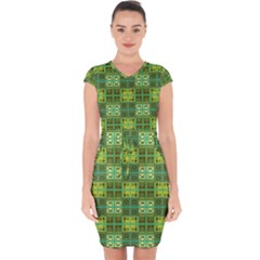 Mod Yellow Green Squares Pattern Capsleeve Drawstring Dress  by BrightVibesDesign