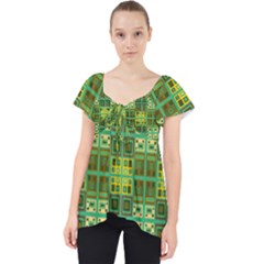 Mod Yellow Green Squares Pattern Lace Front Dolly Top