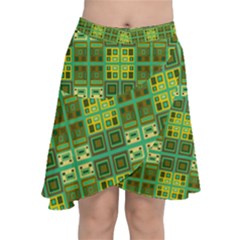 Mod Yellow Green Squares Pattern Chiffon Wrap Front Skirt