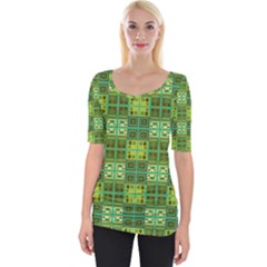 Mod Yellow Green Squares Pattern Wide Neckline Tee