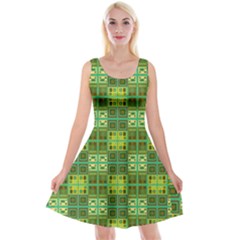 Mod Yellow Green Squares Pattern Reversible Velvet Sleeveless Dress