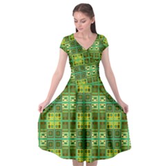 Mod Yellow Green Squares Pattern Cap Sleeve Wrap Front Dress