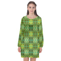 Mod Yellow Green Squares Pattern Long Sleeve Chiffon Shift Dress 