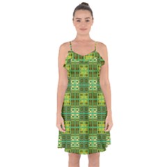 Mod Yellow Green Squares Pattern Ruffle Detail Chiffon Dress