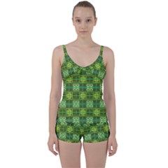 Mod Yellow Green Squares Pattern Tie Front Two Piece Tankini