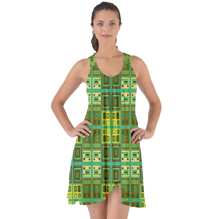 Mod Yellow Green Squares Pattern Show Some Back Chiffon Dress