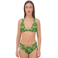Mod Yellow Green Squares Pattern Double Strap Halter Bikini Set by BrightVibesDesign