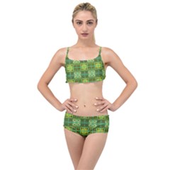 Mod Yellow Green Squares Pattern Layered Top Bikini Set by BrightVibesDesign