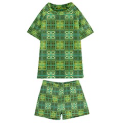 Mod Yellow Green Squares Pattern Kids  Swim Tee And Shorts Set by BrightVibesDesign