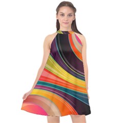 Abstract Colorful Background Wavy Halter Neckline Chiffon Dress 