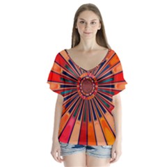 Color Background Structure Lines V-neck Flutter Sleeve Top by Simbadda