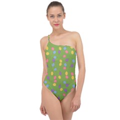 Balloon Grass Party Green Purple Classic One Shoulder Swimsuit by Simbadda