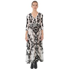 Holbein Floriated Antique Scroll Button Up Boho Maxi Dress