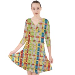 Woven Pattern Background Yellow Quarter Sleeve Front Wrap Dress