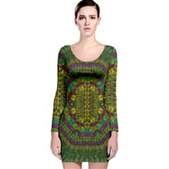 Butterfly Flower Jungle And Full Of Leaves Everywhere Long Sleeve Velvet Bodycon Dress by pepitasart