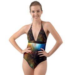 Universe Galaxy Sun Star Movement Halter Cut-out One Piece Swimsuit by Simbadda