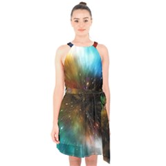 Universe Galaxy Sun Star Movement Halter Collar Waist Tie Chiffon Dress by Simbadda