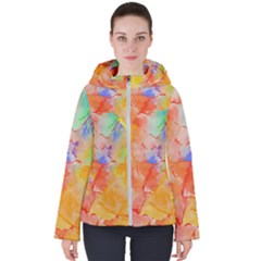 Orange Red Yellow Watercolors Texture                                                       Women s Hooded Puffer Jacket by LalyLauraFLM