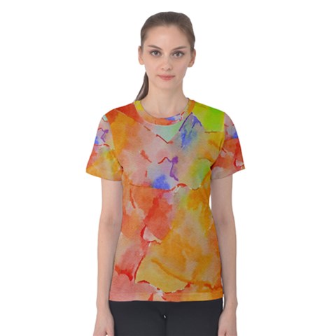Orange Red Yellow Watercolors Texture                                                        Women s Cotton Tee by LalyLauraFLM