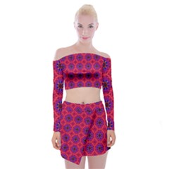 Retro Abstract Boho Unique Off Shoulder Top with Mini Skirt Set