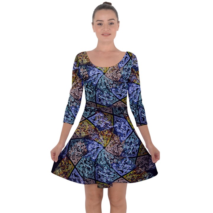 Multi Color Tile Twirl Octagon Quarter Sleeve Skater Dress