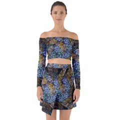 Multi Color Tile Twirl Octagon Off Shoulder Top With Skirt Set by Simbadda