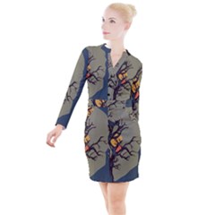 Art Drawing Abstract Blue Yellow Button Long Sleeve Dress by Celenk