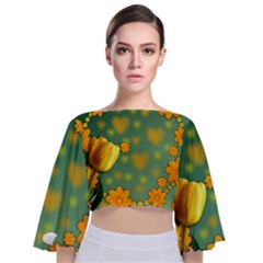 Background Design Texture Tulips Tie Back Butterfly Sleeve Chiffon Top