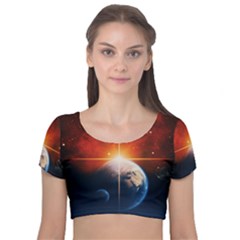 Earth Globe Planet Space Universe Velvet Short Sleeve Crop Top  by Celenk