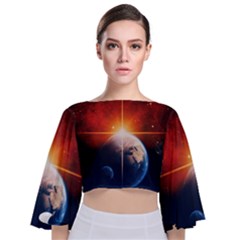 Earth Globe Planet Space Universe Tie Back Butterfly Sleeve Chiffon Top
