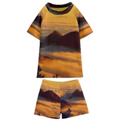 Fog Clouds Sea Of Fog Mountain Kids  Swim Tee And Shorts Set by Celenk
