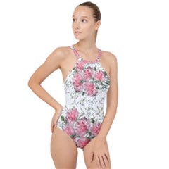 Carnations Flowers Nature Garden High Neck One Piece Swimsuit by Celenk