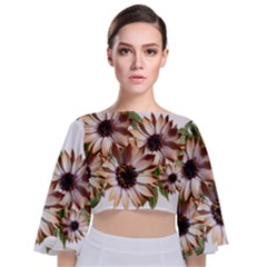 Sun Daisies Leaves Flowers Tie Back Butterfly Sleeve Chiffon Top
