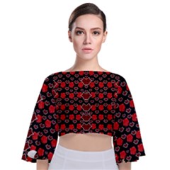 Red Lips And Roses Just For Love Tie Back Butterfly Sleeve Chiffon Top by pepitasart