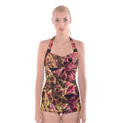 Plant Leaves Foliage Pattern Boyleg Halter Swimsuit  by Celenk