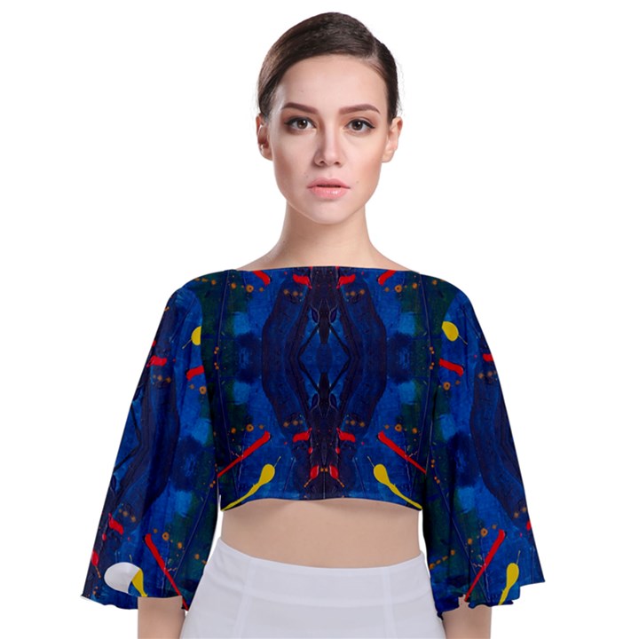 Kaleidoscope Art Pattern Ornament Tie Back Butterfly Sleeve Chiffon Top