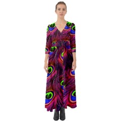Peacock Feathers Color Plumage Button Up Boho Maxi Dress by Celenk