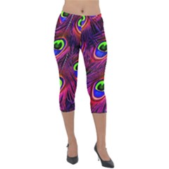 Peacock Feathers Color Plumage Lightweight Velour Capri Leggings  by Celenk