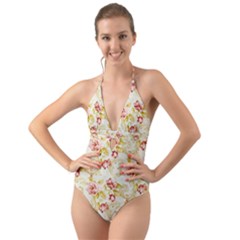 Background Pattern Flower Spring Halter Cut-Out One Piece Swimsuit