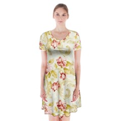 Background Pattern Flower Spring Short Sleeve V-neck Flare Dress