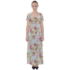 Background Pattern Flower Spring High Waist Short Sleeve Maxi Dress