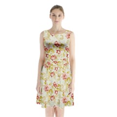 Background Pattern Flower Spring Sleeveless Waist Tie Chiffon Dress