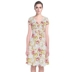 Background Pattern Flower Spring Short Sleeve Front Wrap Dress