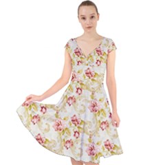 Background Pattern Flower Spring Cap Sleeve Front Wrap Midi Dress