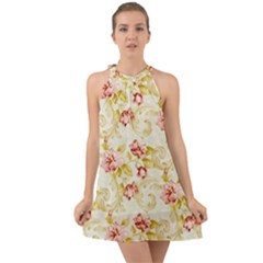 Background Pattern Flower Spring Halter Tie Back Chiffon Dress