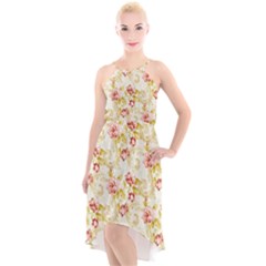 Background Pattern Flower Spring High-Low Halter Chiffon Dress 