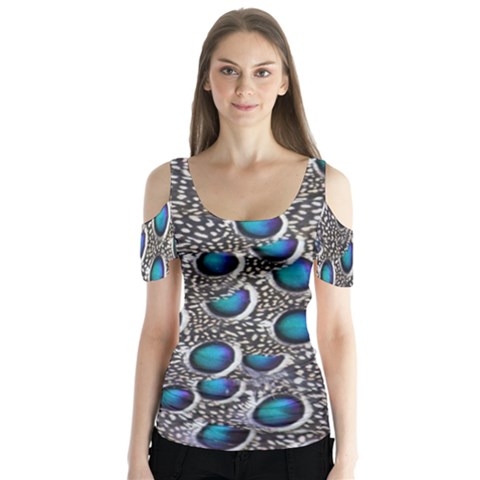 Peacock Pattern Close Up Plumage Butterfly Sleeve Cutout Tee  by Celenk